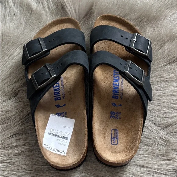 NEW Birkenstock Arizona black oiled leather sandals soft footbed 38 narrow - Picture 2 of 7